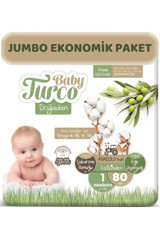 Baby Turco Doğadan Jumbo Yenidoğan 1 Numara Göbek Oyuntulu Bantlı Bebek Bezi 80 Adet