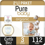 Pure Baby Pamuklu 3 Numara Organik Cırtlı Bebek Bezi 112 Adet