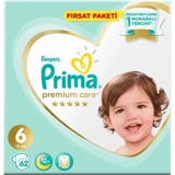 Prima Premium Care 6 Numara Göbek Oyuntulu Cırtlı Bebek Bezi 62 Adet