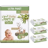 Baby Turco Doğadan Maxi 4 Numara Cırtlı Bebek Bezi 96 Adet + 3 Adet Islak Mendil