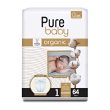 Pure Baby Organik Yenidoğan 1 Numara Organik Cırtlı Bebek Bezi 64 Adet