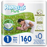 Paddlers Pure Yenidoğan 1 Numara Organik Cırtlı Bebek Bezi 160 Adet