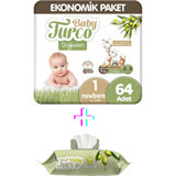 Baby Turco Doğadan 1 Numara Cırtlı Bebek Bezi 64 Adet + 1 Paket Islak Mendil