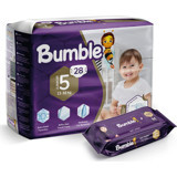 Bumble İkiz Paket 5 Numara Cırtlı Bebek Bezi 28 Adet + Bumble Baby Islak Mendil Hediyeli - 5 Beden (11 - 18 kg)