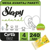 Sleepy Natural Maxi 4 Numara Organik Cırtlı Bebek Bezi 240 Adet + Islak Mendil