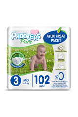 Paddlers Pure 3 Numara Organik Cırtlı Bebek Bezi 102 Adet
