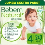 Bebem Natural Doğa Özleri 4 Numara Organik Cırtlı Bebek Bezi 240 Adet