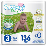 Paddlers Pure 3 Numara Organik Cırtlı Bebek Bezi 136 Adet