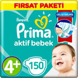 Prima Aktif Bebek 4 + Numara Cırtlı Bebek Bezi 3x50 Adet
