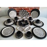 Keramika Black And White Oval-Yuvarlak Desenli 38 Parça 6 Kişilik Seramik Kahvaltı Takımı Beyaz-Siyah