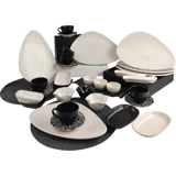 Keramika Oscar 33 Parça 6 Kişilik Seramik Kahvaltı Takımı Beyaz-Siyah