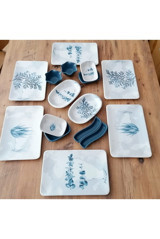 Keramika Blue Magic Siera Kare Desenli 16 Parça 6 Kişilik Seramik Kahvaltı Takımı Beyaz-Mavi