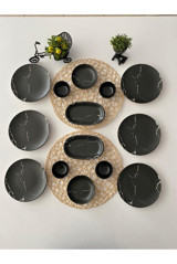 Keramika Siyah Mermer Desen Desenli 14 Parça 6 Kişilik Seramik Kahvaltı Takımı Beyaz-Siyah