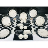 Keramika Mermer Yuvarlak Desenli 41 Parça 12 Kişilik Seramik Kahvaltı Takımı Beyaz-Siyah