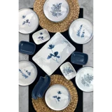 Keramika Blue Magic Kare-Yuvarlak Desenli 13 Parça 6 Kişilik Seramik Kahvaltı Takımı Beyaz