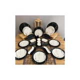 Keramika Mermer Yuvarlak Desenli 40 Parça 12 Kişilik Seramik Kahvaltı Takımı Beyaz-Siyah