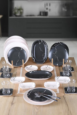 Keramika Merm Desen Desenli 32 Parça 6 Kişilik Seramik Kahvaltı Takımı Beyaz-Siyah