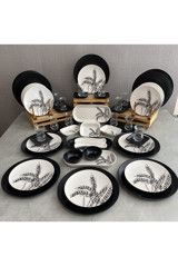Keramika Başak Desenli 59 Parça 12 Kişilik Seramik Kahvaltı Takımı Beyaz-Siyah