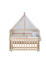 Babycom Naturel Ahşap Dikdörtgen Tekerlekli Yataklı Sallanan Anne Yanı Beşik Krem 70x130 cm + Zikzaklı Uyku Seti