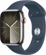 Apple Watch Series 9 Cellular Apple Uyumlu WatchOS Su Geçirmez 45 mm Fluoro Elastomer Kauçuk Kordon Çelik Kasa Kare Unisex Sim Kartlı Akıllı Saat Mavi