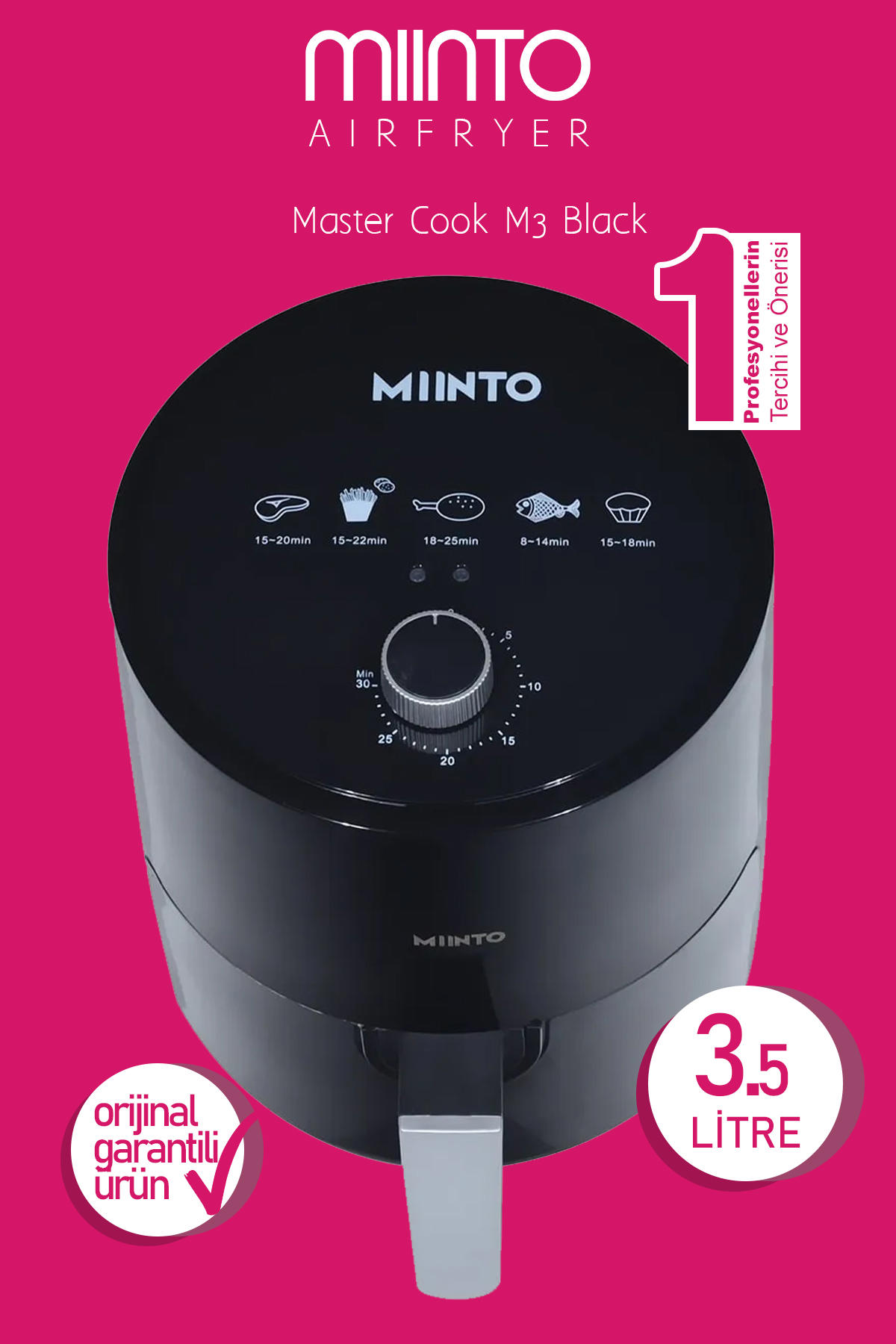 Minto Master Cook M3 Airfryer 3.5 lt Tek Hazneli Izgara Yapan Led Ekranlı Yağsız Sıcak Hava Fritözü Siyah