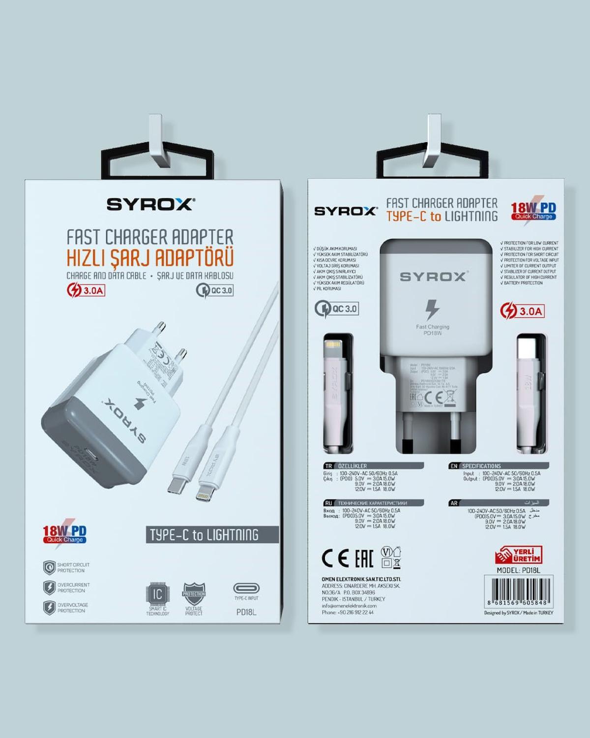 Syrox PD18L iPhone Lightning - Type-C Kablolu 3 Amper Hızlı Şarj Aleti Beyaz