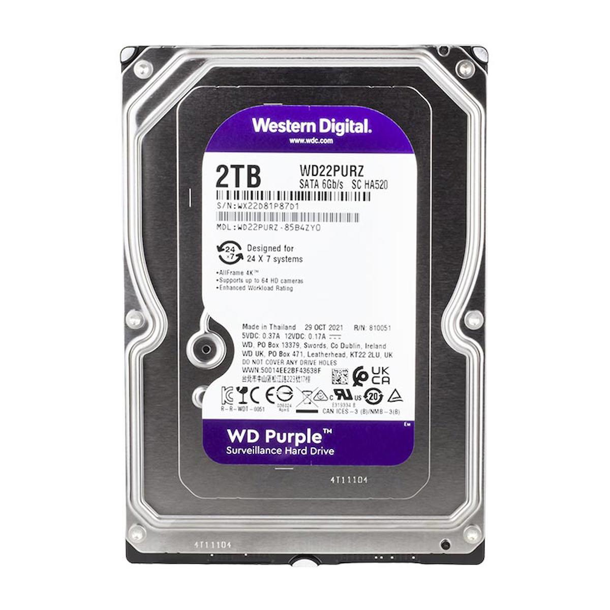Western Digital WD Purple WD22PURZ 2 TB 3.5 inç 5400 RPM 64 MB SATA 3.0 Güvenlik Kamerası Harddisk