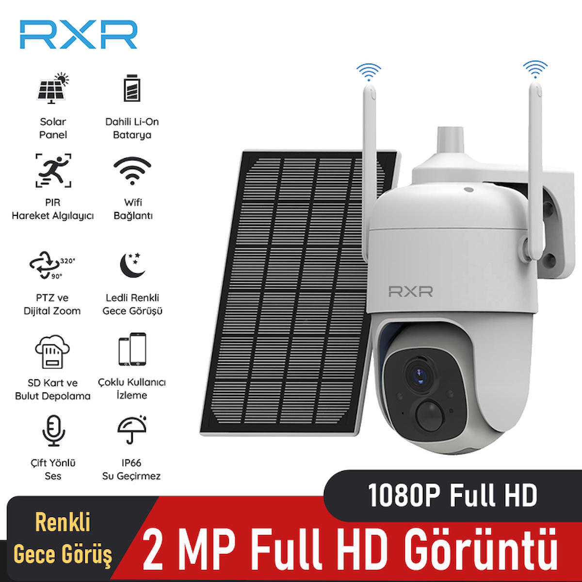 Rxr V-BT1S Ethernet Mini Güneş Enerjili 1 Kameralı 360 Derece Dönen Gece Görüşlü Dış Mekan Kablosuz Güvenlik Kamerası