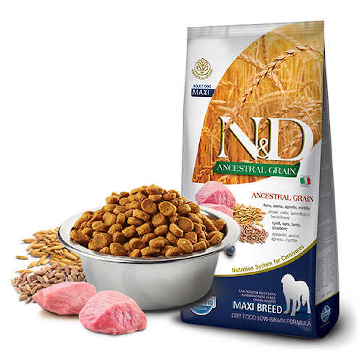 N&D Ancestral Grain Kuzu Etli ve Yaban Mersinli Büyük ve Orta Irk Yetişkin Kuru Köpek Maması 12 kg