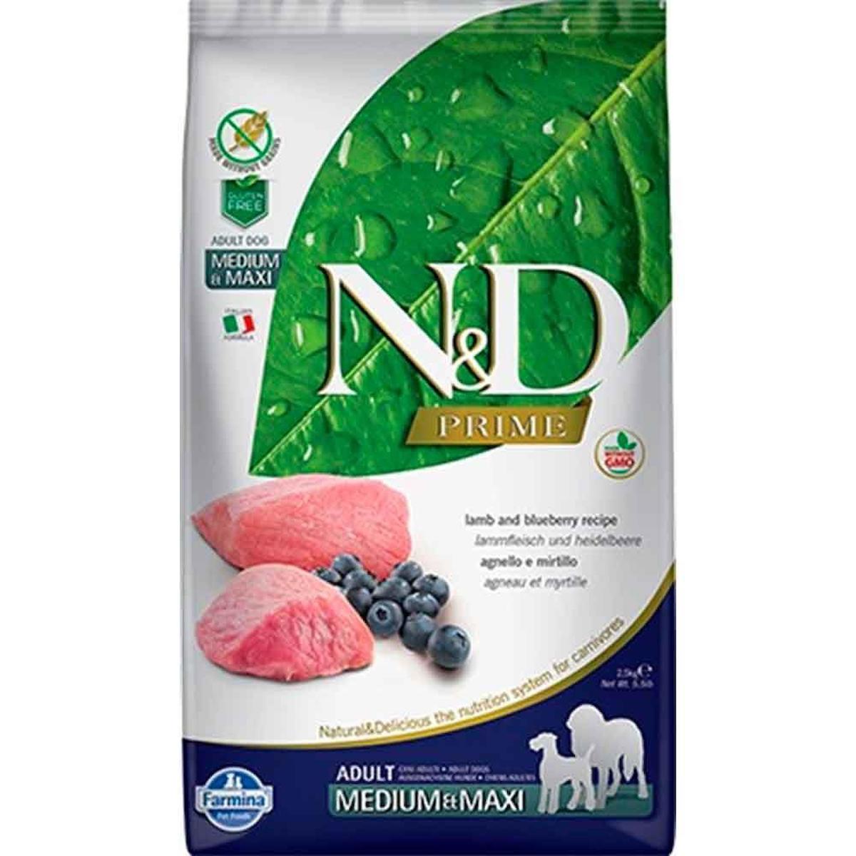 N&D Prime Kuzu Etli ve Yaban Mersinli Büyük ve Orta Irk Yetişkin Kuru Köpek Maması 2.5 kg