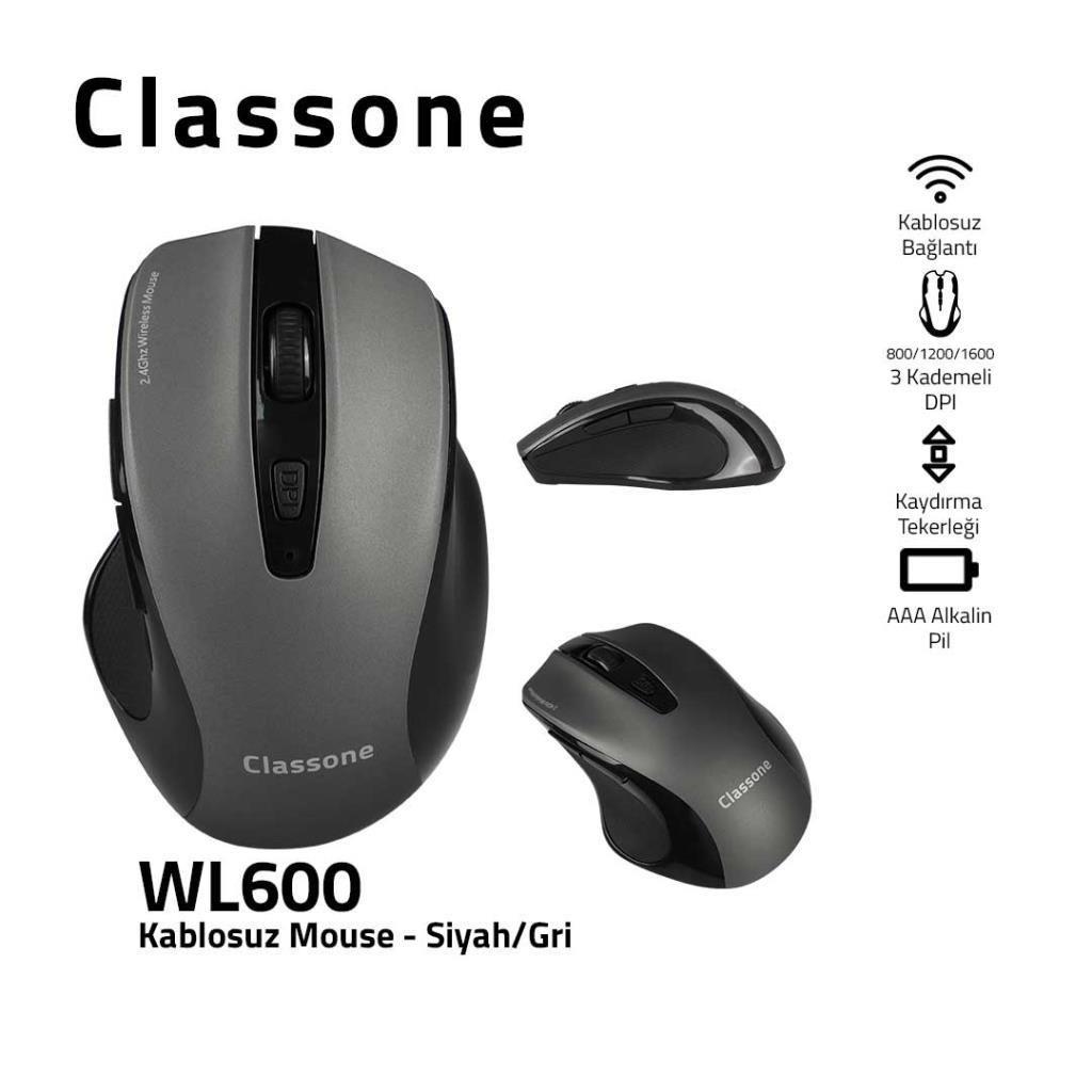 Classone WL600 Makrolu Kablosuz Gri Optik Mouse