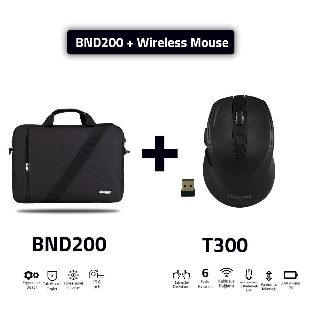 Classone BND200 Eko 15.6 inç Kumaş Laptop El Çantası Siyah + T300 Kablosuz Mouse