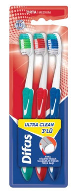 Difaş Ultra Clean Orta Diş Fırçası Yeşil Kırmızı Mavi 3'lü