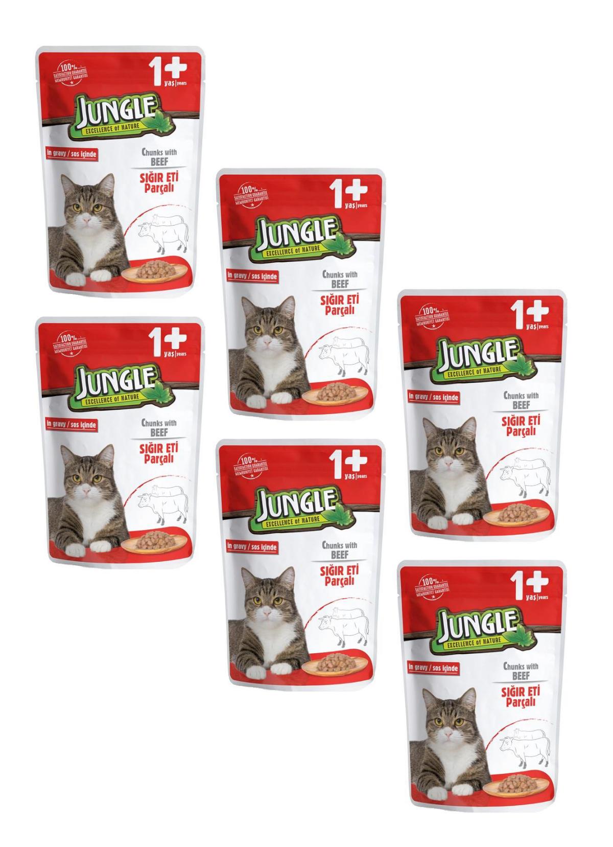 Jungle Pouch Biftek Soslu Yetişkin Yaş Kedi Maması 6x100 gr