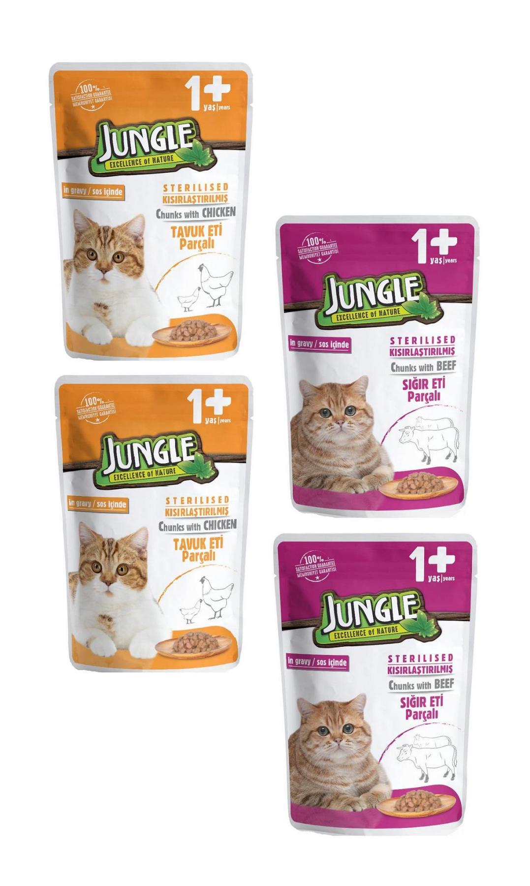 Jungle Pouch Kısırlaştırılmış Soslu Yetişkin Yaş Kedi Maması 4x100 gr