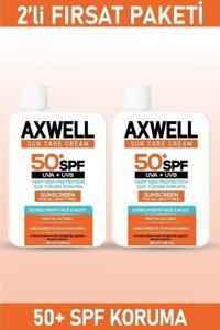 Axwell 50 Faktör Tüm Ciltler İçin Leke Karşıtı Nemlendirici Yağsız Suya Dayanıklı Yüz ve Vücut Güneş Kremi 2x100 ml