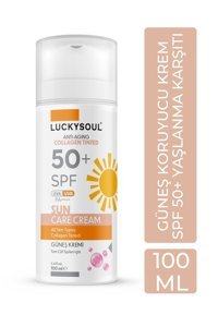 Lucky Soul Anti-Aging Collagen Tinted Renkli 50 Faktör Tüm Ciltler İçin Leke Karşıtı Nemlendirici Yaşlanma Karşıtı Aydınlatıcı Yağsız Suya Dayanıklı Yüz ve Vücut Güneş Kremi 100 ml