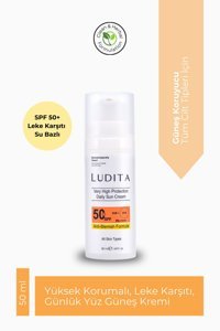 Ludita 50 Faktör Tüm Ciltler İçin Leke Karşıtı Nemlendirici Yağsız Suya Dayanıklı Yüz Güneş Kremi 50 ml