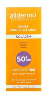 Alldermo Kolajen 50 Faktör Tüm Ciltler İçin Leke Karşıtı Nemlendirici Yaşlanma Karşıtı Yağsız Suya Dayanıklı Yüz Güneş Kremi 50 ml