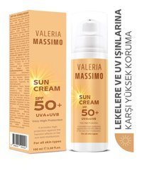 Valeria Massimo 50 Faktör Tüm Ciltler İçin Leke Karşıtı Nemlendirici Yağsız Suya Dayanıklı Yüz ve Vücut Güneş Kremi 100 ml