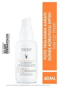 Vichy Capital Soleil 50 Faktör Tüm Ciltler İçin Leke Karşıtı Nemlendirici Yağsız Suya Dayanıklı Yüz Güneş Kremi 40 ml