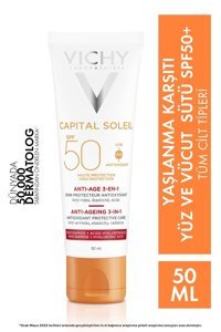 Vichy 50 Faktör Tüm Ciltler İçin Nemlendirici Yaşlanma Karşıtı Suya Dayanıklı Yüz ve Vücut Güneş Kremi 50 ml