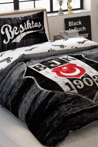 Taç Beşiktaş Pamuk 160x220 cm Çarşaflı Lastikli Tek Kişilik Nevresim Takımı Beyaz-Siyah