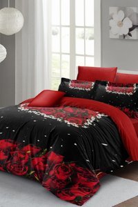 Monohome Black Rose 3D Saten 4 Mevsim 200 x 220 cm Çarşaflı Çiçekli Çift Kişilik Nevresim Takımı Kırmızı-Siyah