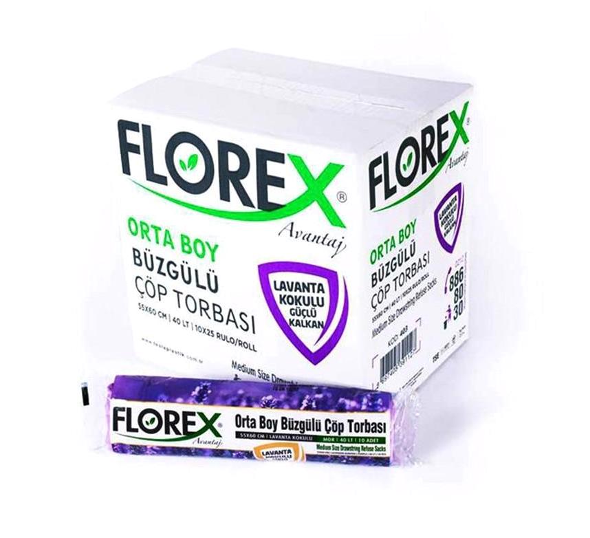 Florex Lavanta Kokulu Şeffaf Büzgülü Orta Boy 55x60 cm Çöp Poşeti 20x25 Adet Beyaz