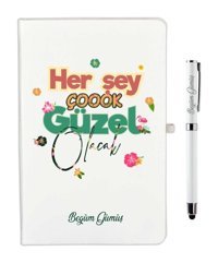 Hediyerengi Her Şey Çok Güzel Olacak Kalemli A5 Çizgili Orta Boy Beyaz Not Defteri