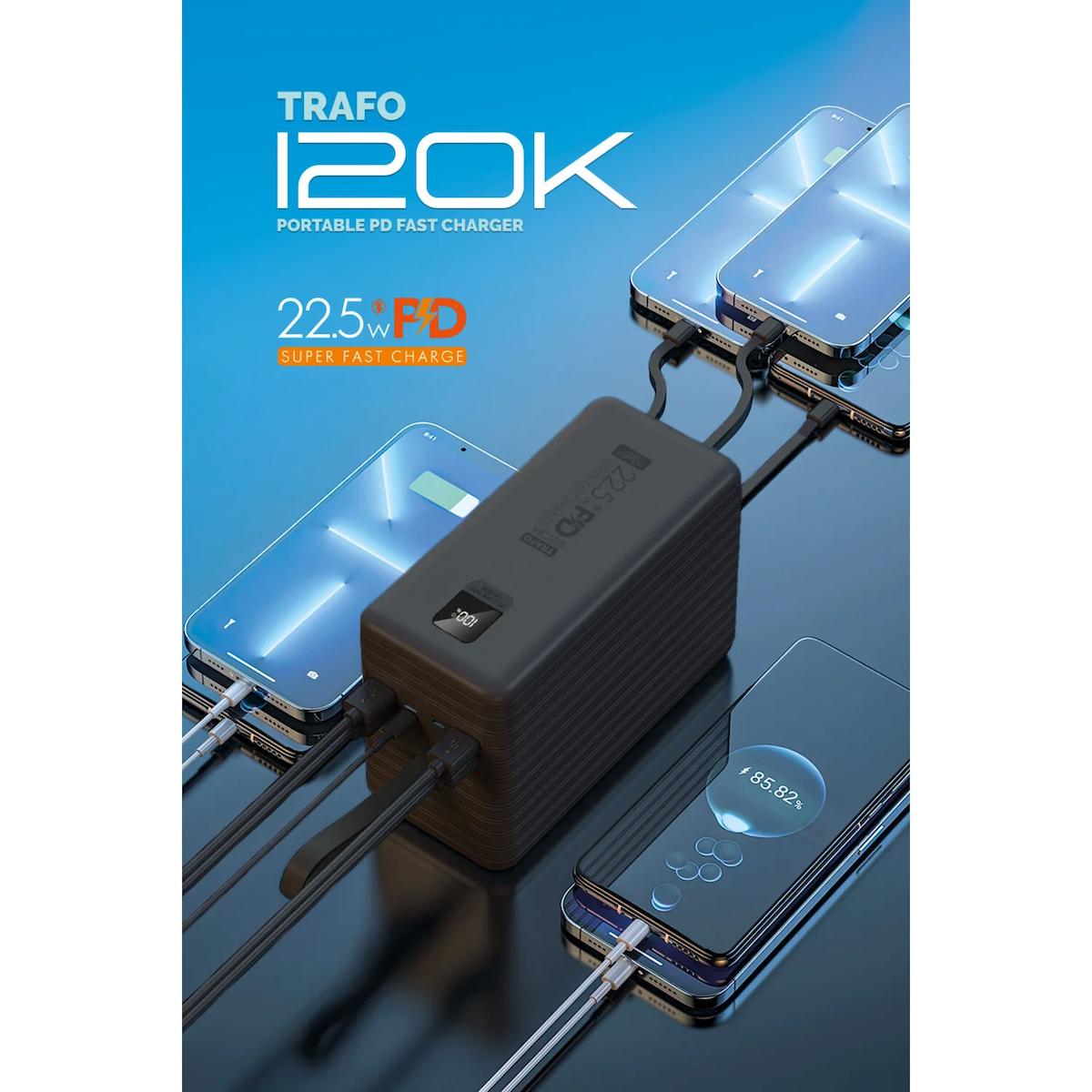 Kaliko I20K 120000 mAh Hızlı Şarj Işıklı Dijital Göstergeli Micro USB Çoklu Bağlantı Kablolu Powerbank Siyah