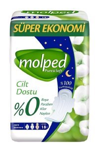 Molped Pure & Soft Gece Cilt Dostu Organik Antialerjik İnce 18'li Hijyenik Ped