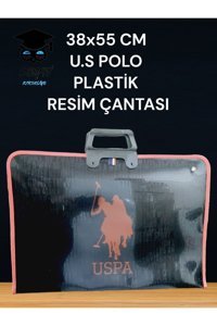 U.S. Polo Assn. Desenli Fermuarlı Siyah Plastik Resim Çantası 38x55 cm