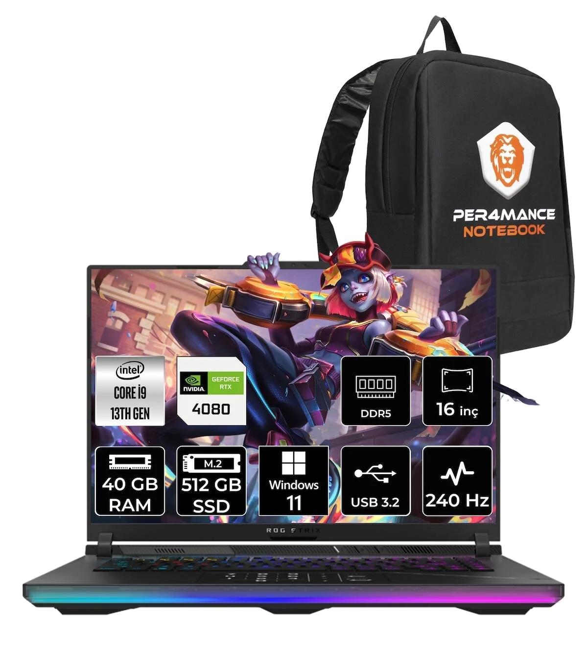 Asus ROG Strix Scar 16 NM043 Harici GeForce RTX 4080 Intel Core i9 13980HX 40 GB Ram 512 GB SSD 16 inç Full HD Windows 11 Home Oyuncu Laptop + PER4 Çanta